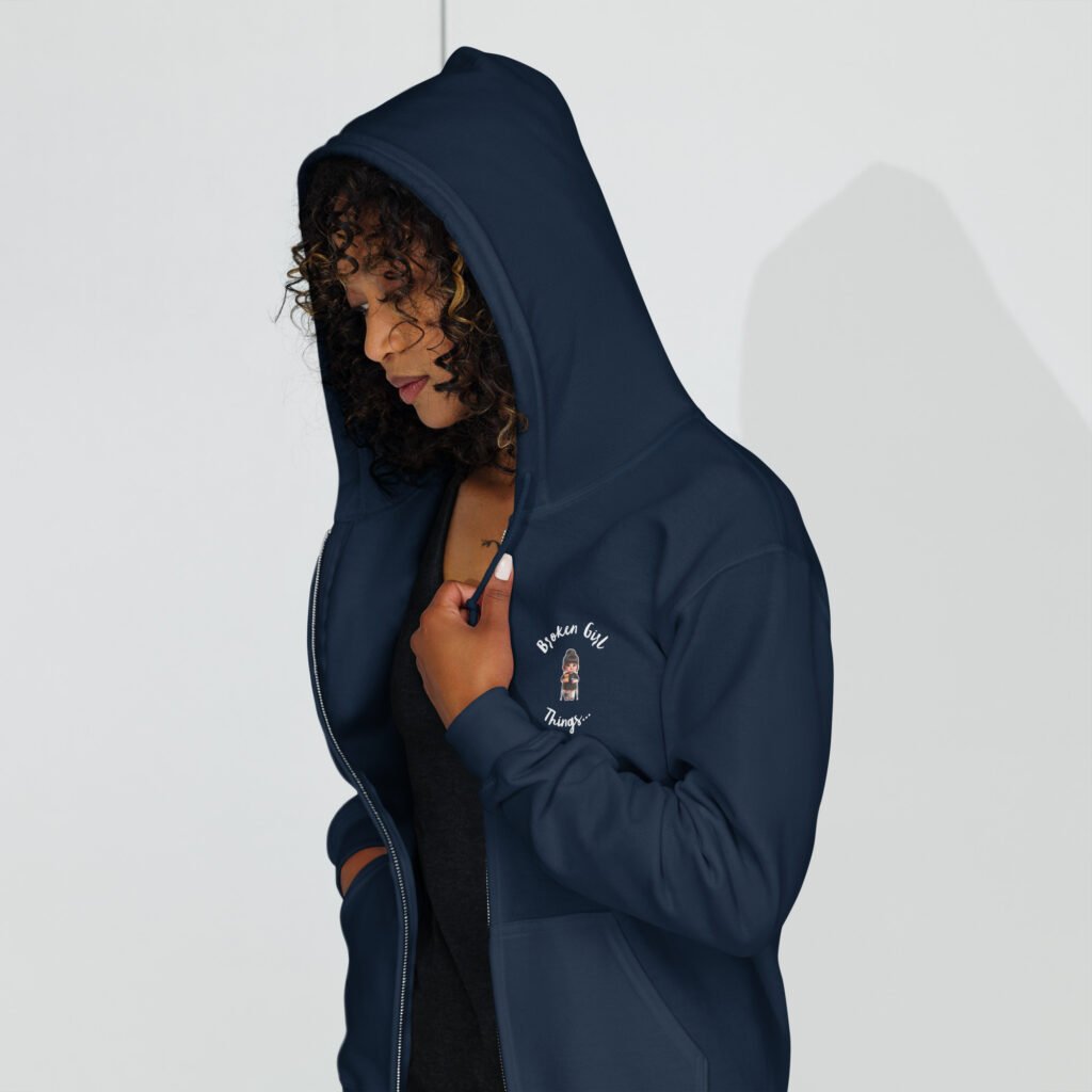 Photo of girl wearing a navy blue zip up hoodie