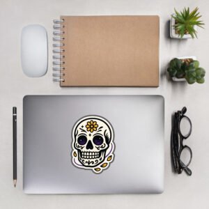 kiss-cut-stickers-white-5.5x5.5-lifestyle-1-6901b0447cb43.jpg Cosmic Calavera Skull Sticker